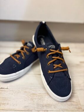 Sperry Navy Canvas Boat Shoe with Tan Laces